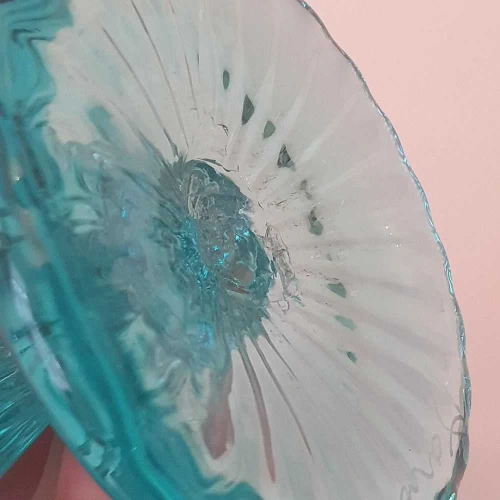 Vintage Jack in the Pulpit Candleholder Iridescent Aqua Glass Hand Blown Signed
